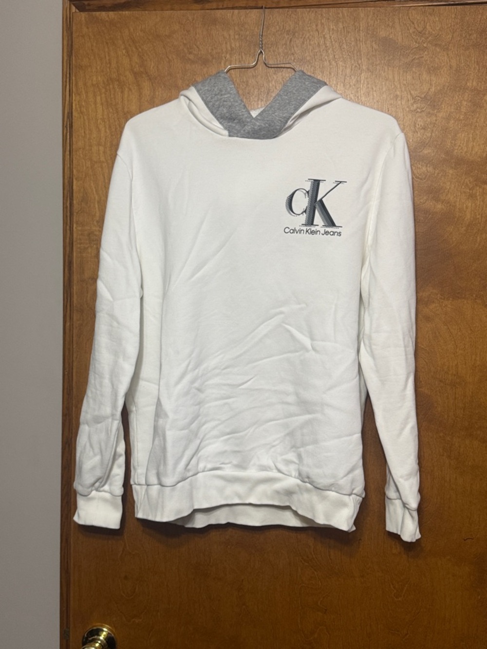 Calvin Klein Jeans White Hoodie with Gray Hood Accent